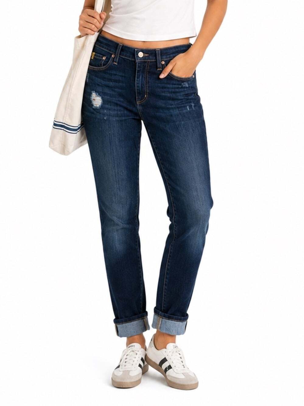 Yoga Jeans Distressed Dark Wash Mid-Rise Cuffed (or not) Denim Jeans